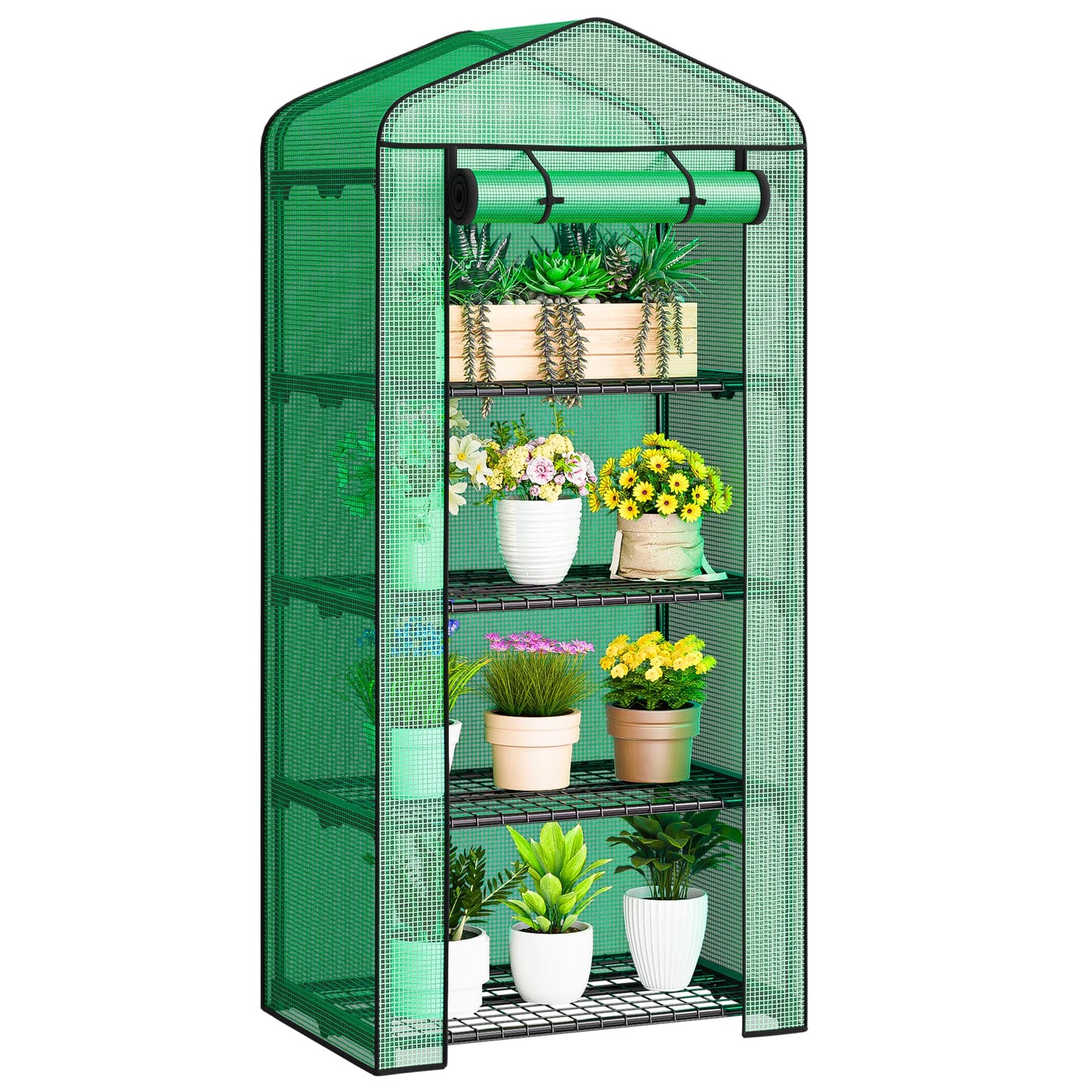 JupiterForce 4 Tier Mini Greenhouse Indoor Outdoor Portable Small Green House with Durable PE Cover&Roll-Up Zipper Door, Waterproof Greenhouses for Plant Seed & Seedling, 2.3x1.5x5.3 FT