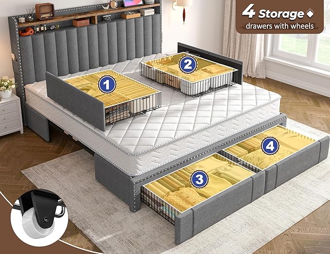 EnHomee Upholstered King Size Bed Frame