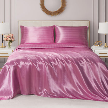 Juicy Couture Silky Satin Damask Sheet Set - Luxury Pink Bedding - Smooth Striped Sheets - Full Size