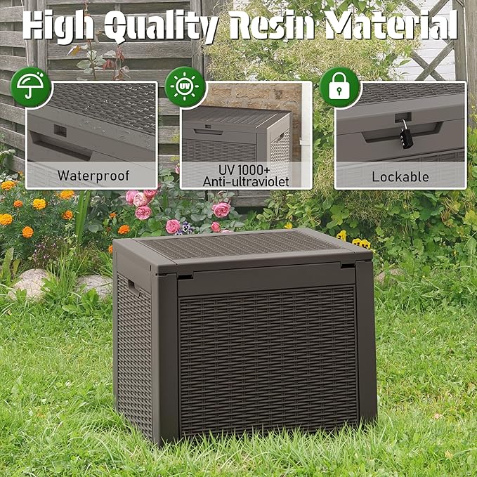 Outdoor Storage Box, Resin Deck Boxes Indoor and outdoor, Waterproof Storage Box Lockable Lid (Grey,32 Gallon)