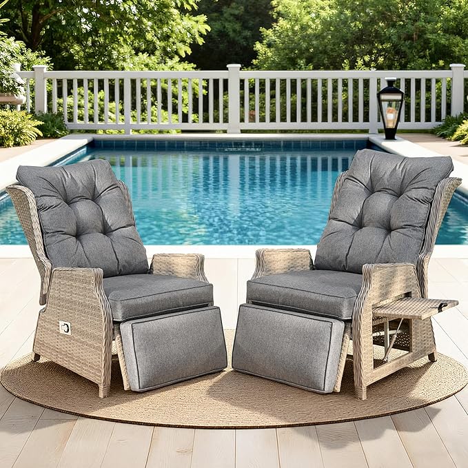 Outdoor Recliner with Adjustable Back and Footrest, Patio 150° Lay Flat Recliner with Flip Table Wicker Reclining Lounge Chair, Grey with Beige Wicker 2PCS