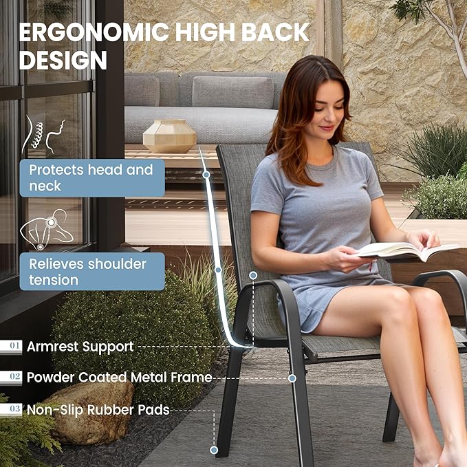 Patio Dining Chairs Set of 8, Outdoor High Stacking Chairs，Breathable Seat Fabric and Alloy Steel Frame for Backyard, Porch, Garden, Sunroom (Light Grey)