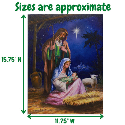 Nativity Lighted Canvas Wall Art - Light Up Holy Family Picture - LED - Mary Joseph and Baby Jesus in a Manger -Stable Scene - Measures 15.75" x 11.75"