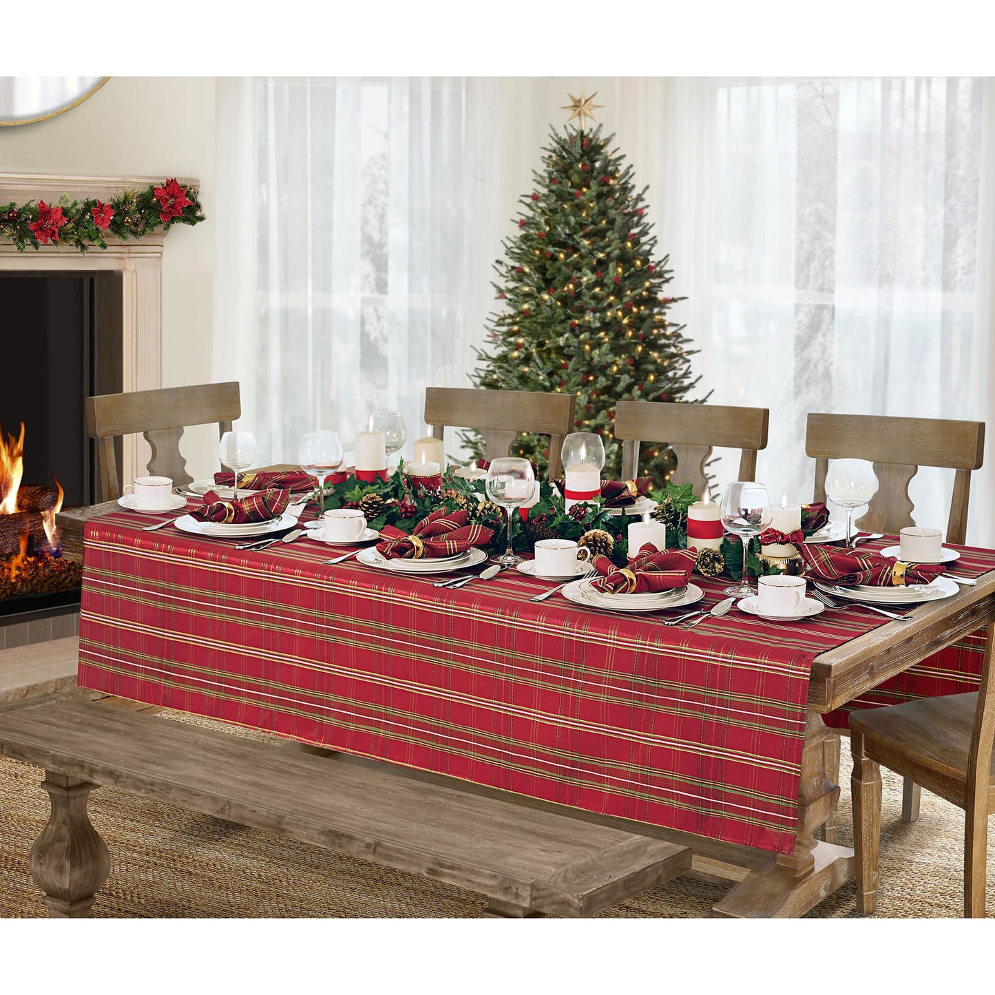 Elrene Home Fashions Shimmering Plaid Holiday Fabric Tablecloth, 60" x 120", Red