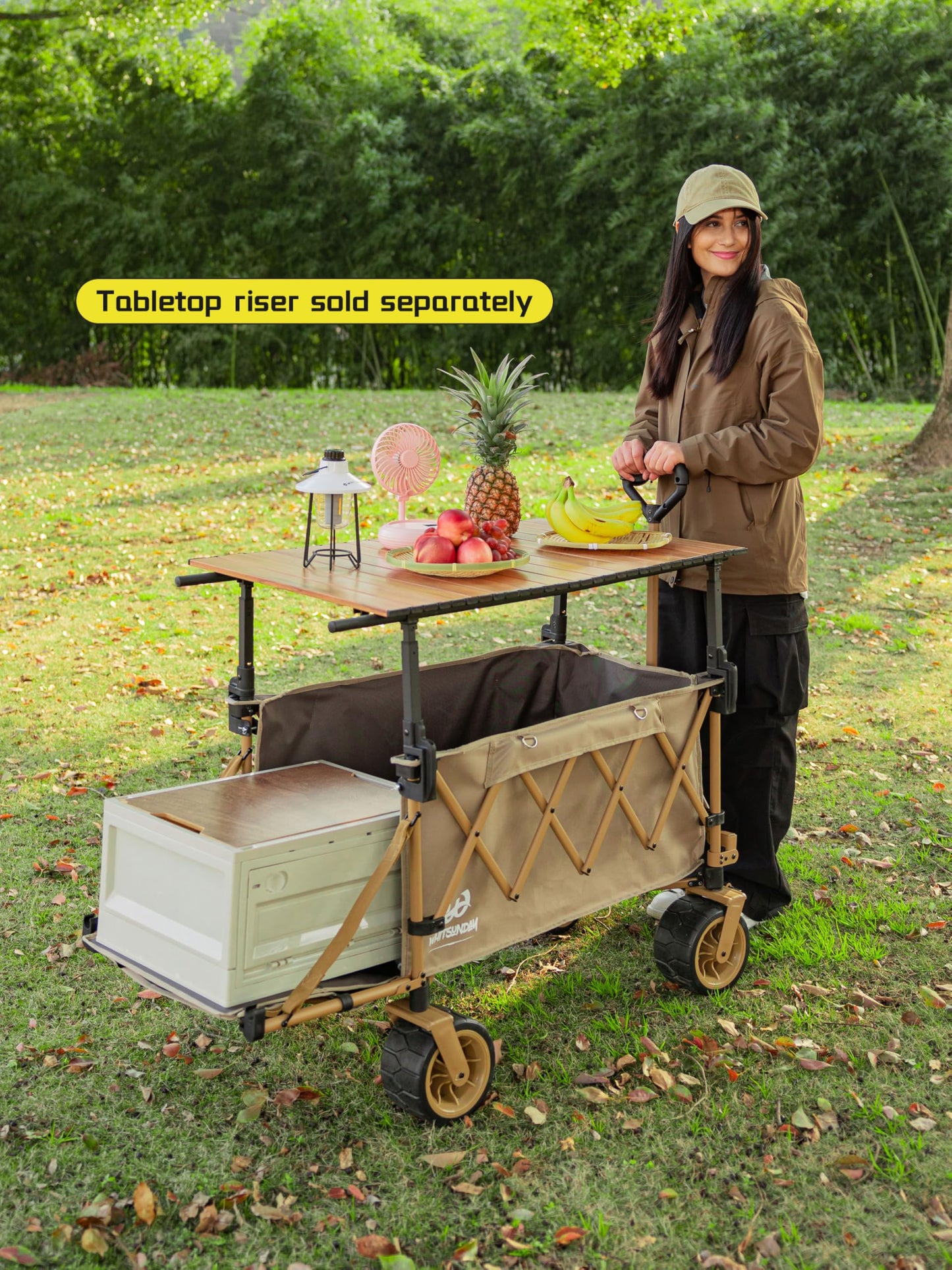 Whitsunday Collapsible Folding Wagon with Table,Heavy Duty Utility Beach Wagons with Opened Tailgate and All-Terrain Wheels for Camping,Garden,Sports Khaki