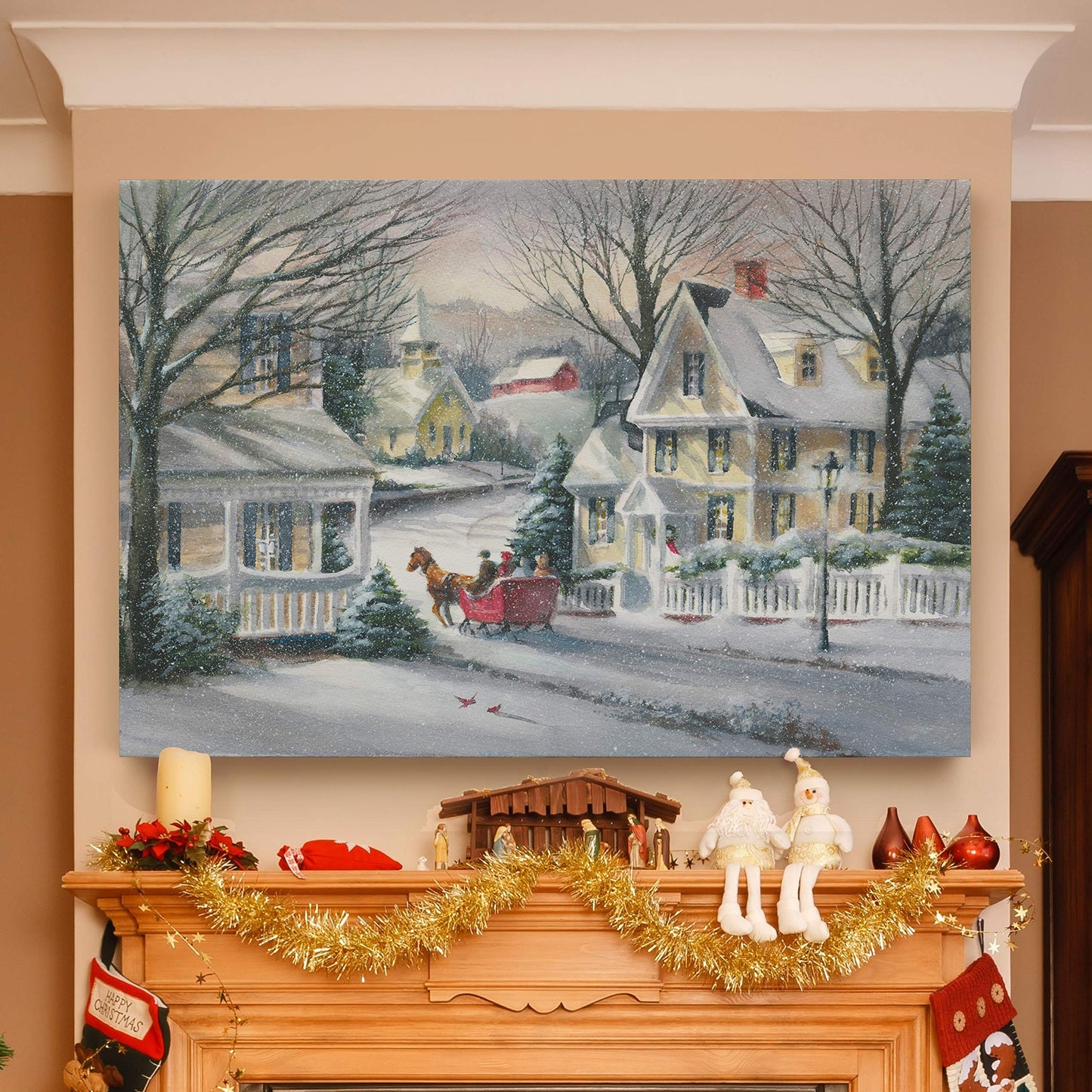 Renditions Gallery Canvas Wall Art Paintings for Home Decorations Snowy Village Sleigh Ride Wall Hanging Abstract Prints for Bedroom Dining Living Room Office Home Kitchen Wall Decor - 32"X48" LT18