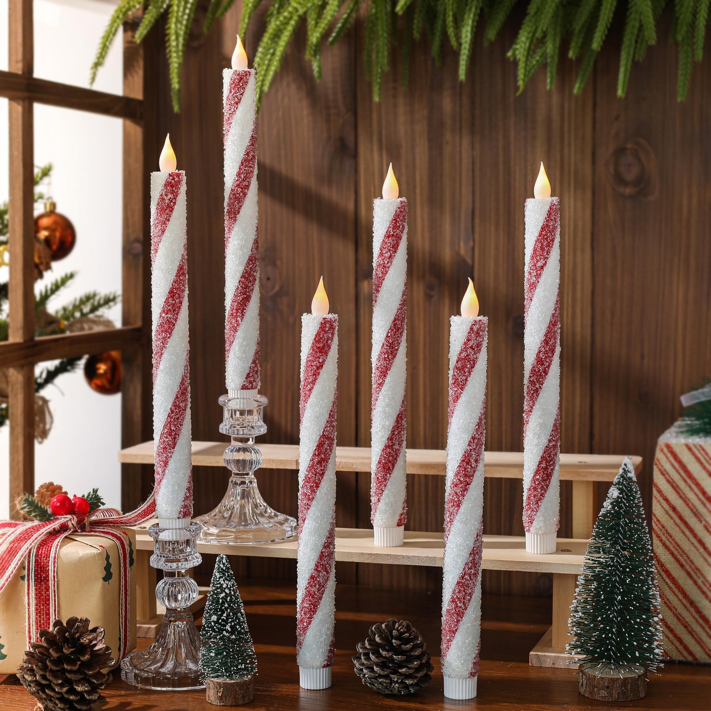 Christmas Flickering Flameless Taper Candles - 6PCS Glitter Candy Cane Red and White Stripes Sea Salt Real Wax Battery Operated Candles For Christmas Party Wedding Winter Home Decoration Xmas Decor