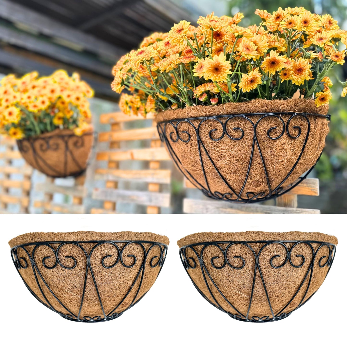 LaLaGreen Outdoor Wall Planters (2 Pack, 14 Inch) Black Metal Wall Mounted Hanging Basket with Coco Liner, Semi-Circle Flower Pot Plant Holder for Fence Railing Deck Porch Balcony French Garden Decor