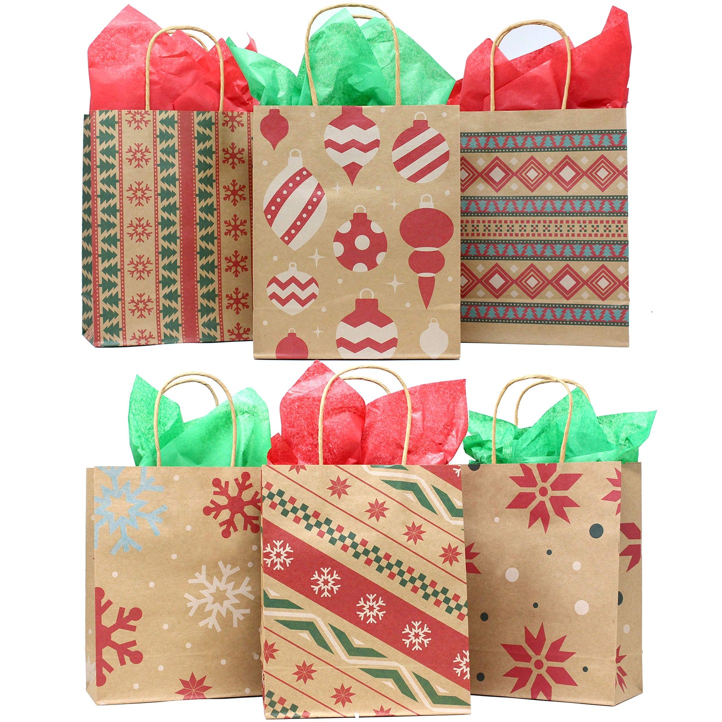 JOYIN 24 PCS Christmas Kraft Gift Bags for Present Wrapping, Holiday Paper Goody Gift Treat Candy Bags for Xmas Decor Supplies Classrooms Wedding and Party Favors (9" x 7.3" x 3.3")