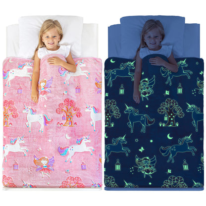 Glow in The Dark Unicorn Blanket for Girls – Soft Pink Fleece Throw. Great Christmas, Birthday, Baby, Toddler Unicorn Gifts for Girls, Fairy, Butterfly, Stars. Bright Long-Last Glow