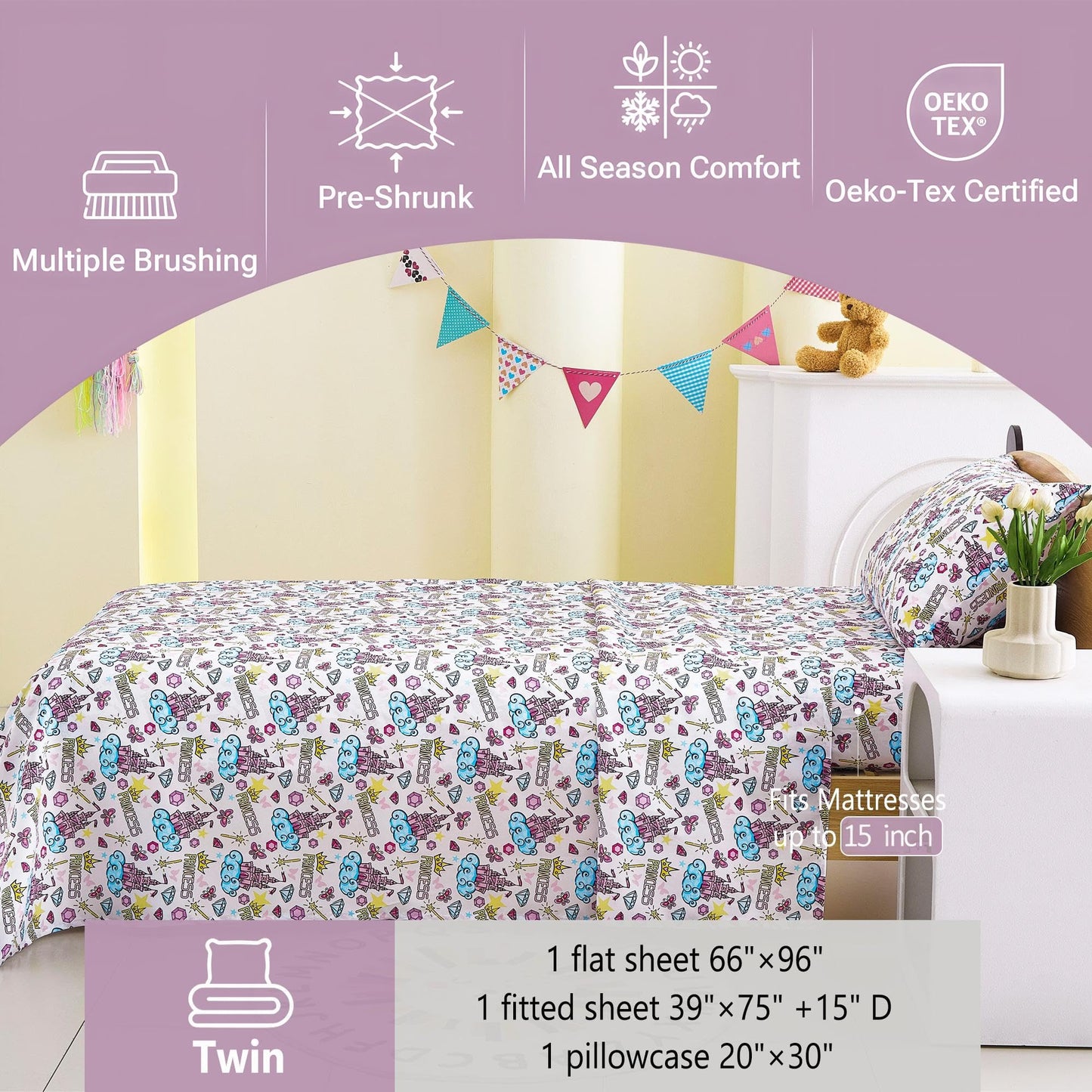 Softan Kids Bed Sheet Set, 3-Piece Twin Sheets Set, Microfiber Fitted Sheet with 15 Inches Deep Pocket and Corner Straps, Breathable & Silky Soft Castle Diamond Printed Sheet and Pillowcase Sets