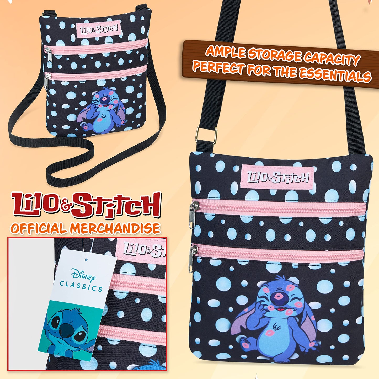 Disney Cross Body Bag for Girls, Lilo and Stitch Shoulder Bag, Stitch Gifts (Black)