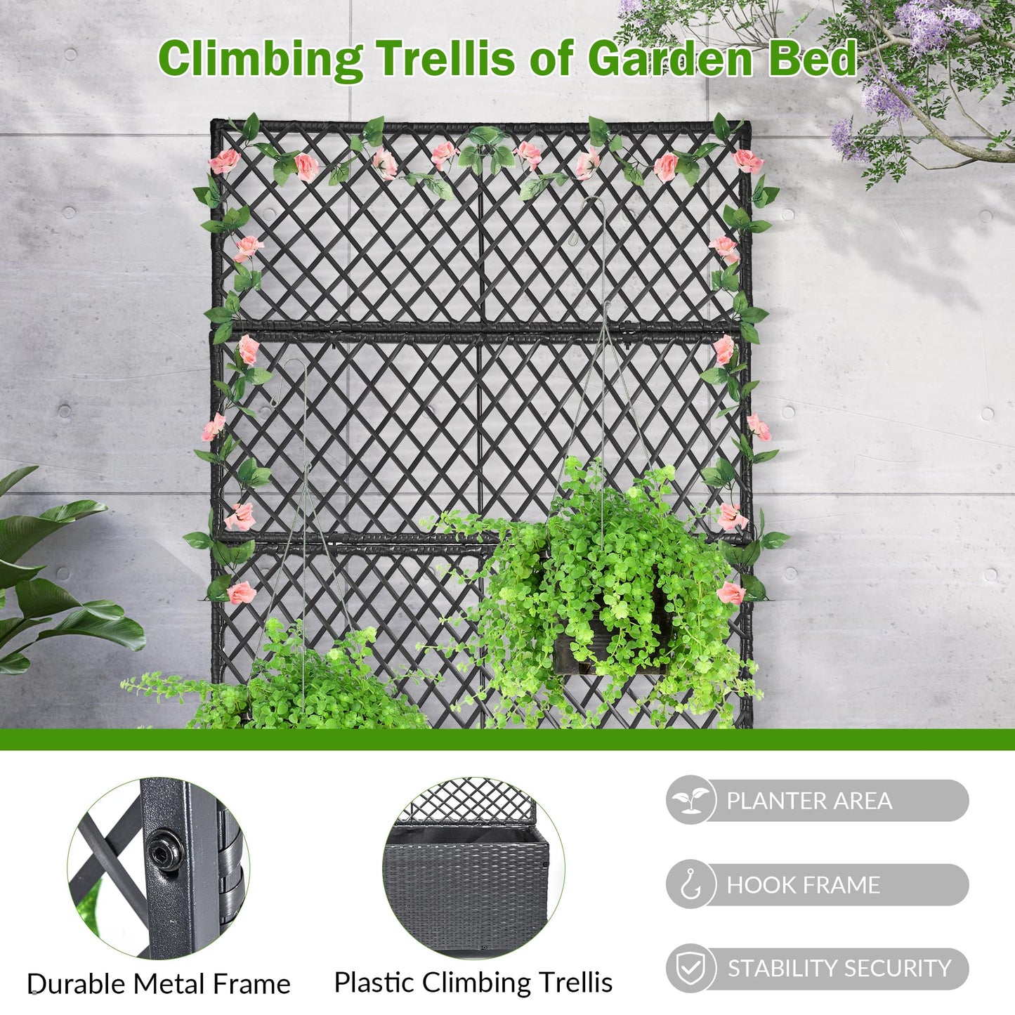 GENMOUS 72in/5.9ft Metal Raised Garden Bed with Trellis, Planter Box Trellis with Wheels for Vine Climbing Plants, Trellis with Drainage Holes for Flowers, Vegetables in Garden, Patio, Balcony （Black）
