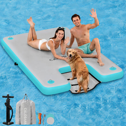 CALOBANA 8ft×6ft Inflatable Floating Dock with Dog Ramp, Float Island with Boat Ramp for Adults & Pets, Heavy Duty Lake Dog Raft Dock Platform with Ladder for Sea or River,Party,Grey+Mint Green