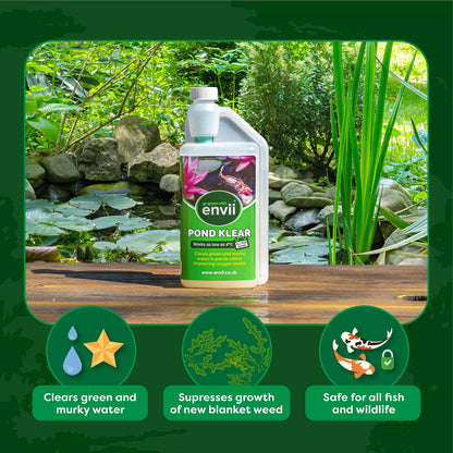 Envii Pond Klear - Natural Green Pond Water Treatment, Clears Green and Murky Water for Crystal Clear Healthy Water, Safe for all Fish and Wildlife -1L Treats 40,000 Litres