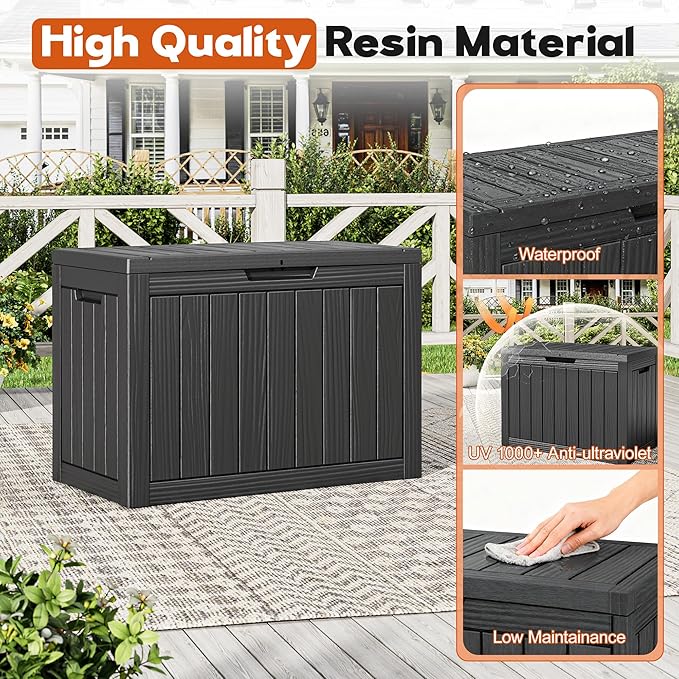 Outdoor Storage Box, Resin Deck Boxes Indoor and outdoor, Waterproof Storage Box Lockable Lid (Black, 45 Gallon)