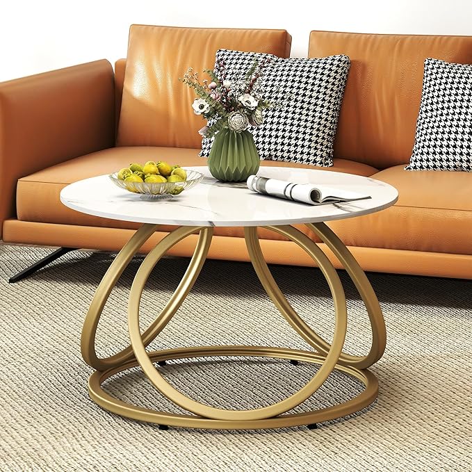 O&K FURNITURE Gold Round Coffee Table, Faux Marble Top