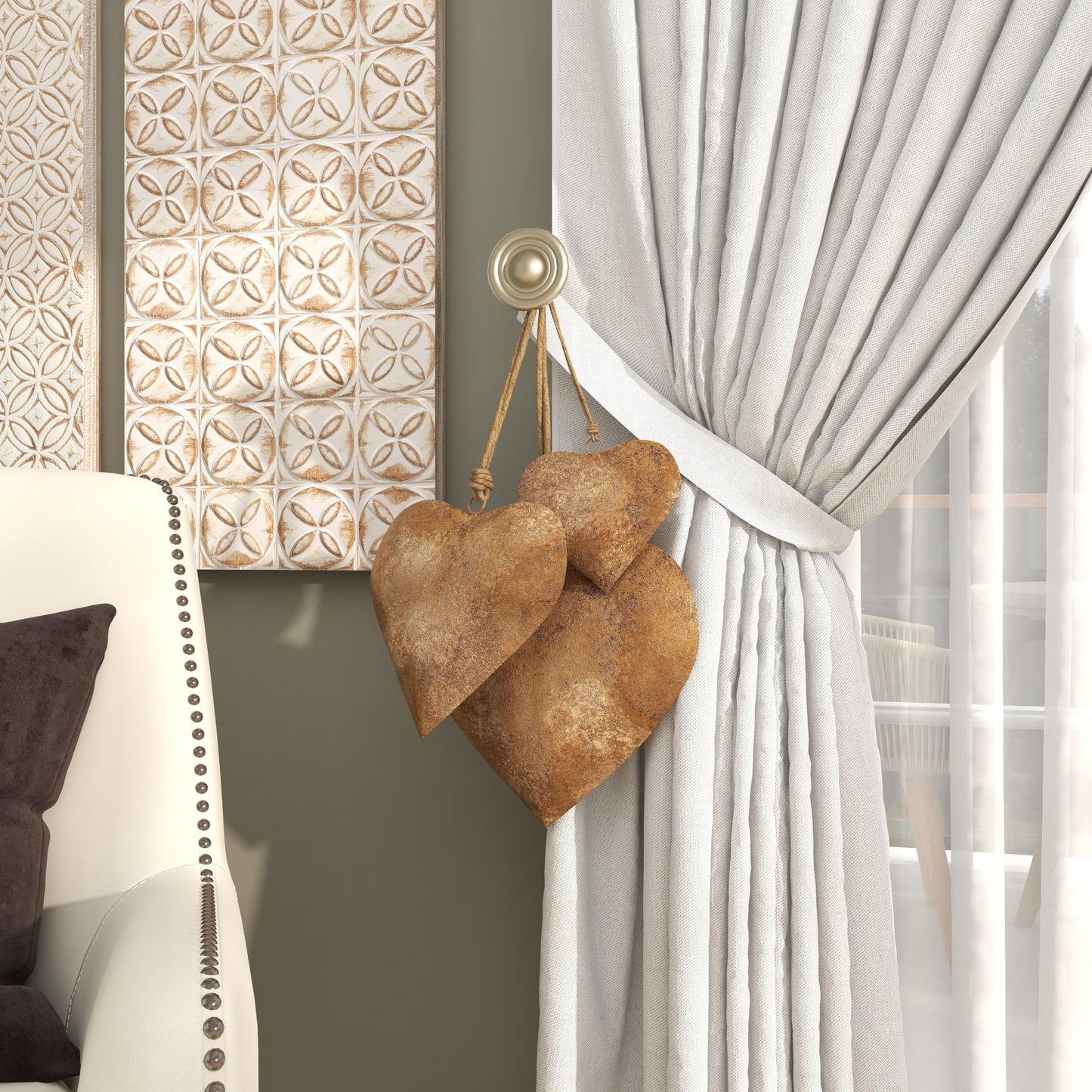 Deco 79 Metal Heart Decorative Bells Tibetan Inspired Weathered with Jute Hanging Rope, Set of 3 20", 17", 12"H, Gold
