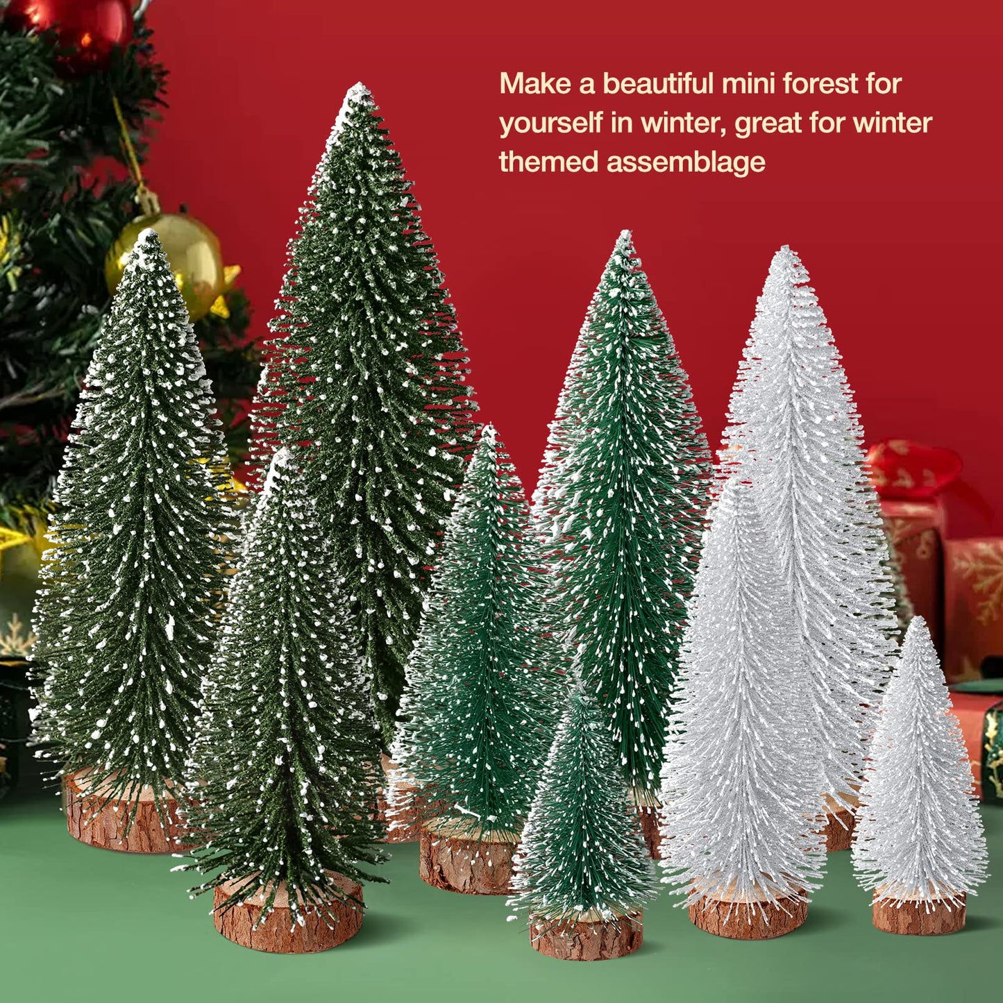 9Pcs Mini Christmas Trees Christmas Decor Artificial Christmas Decorations with 4 Sizes, Christmas Tree Bottle Brush Trees Christmas Table Decorations (Green Silver)