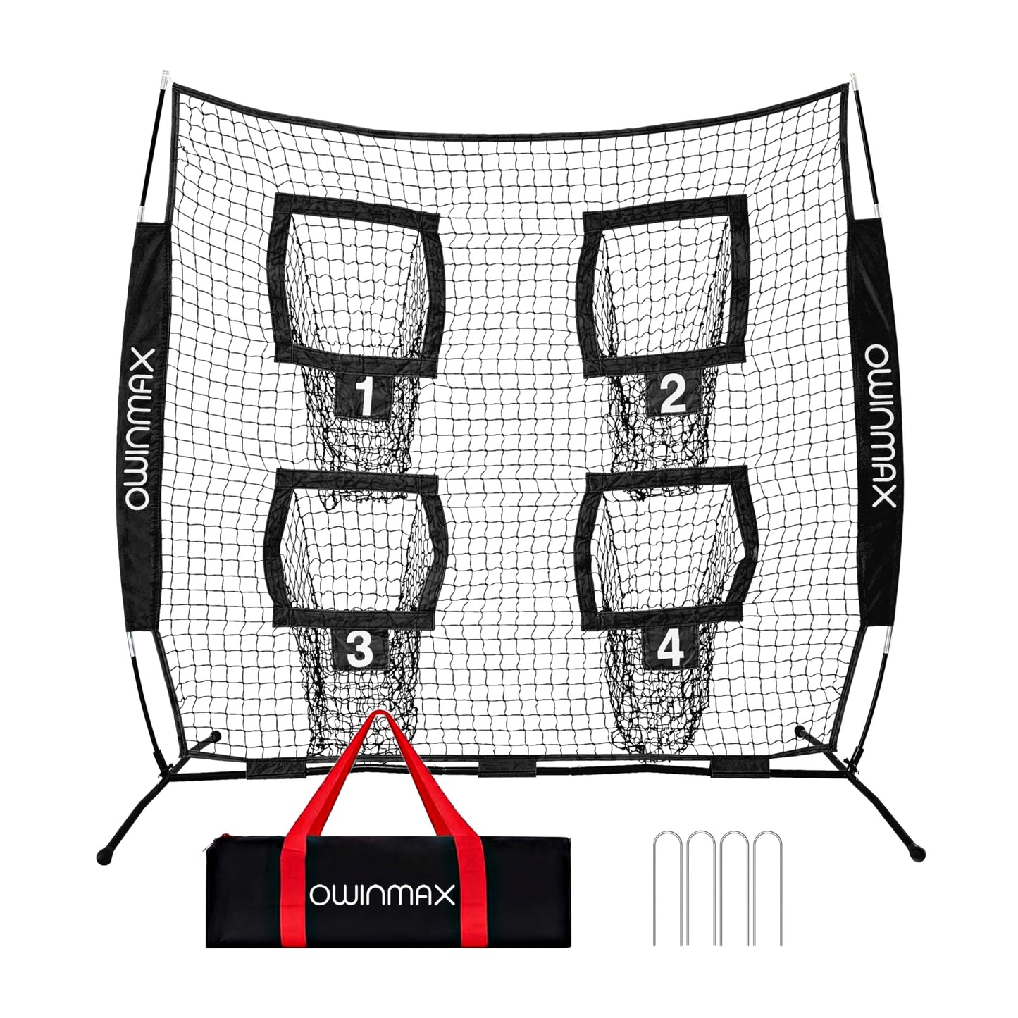 Owinmax 6x6 ft Football Trainer Throwing Net, Training Target Practice with 4 Targets, Includes Carry Bag and Ground Stake, Black and Red, Great for Kids and Youth
