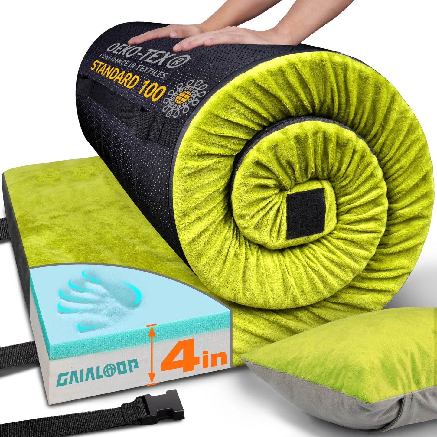 GAIALOOP 4 INCH Thick Memory Foam Camping Mattress, Roll Up Floor Sleeping Mat Camp Cot Mattress Pad Travel Camping Couch Bed for Guest Adults Side Sleepers [Full:75 * 54 * 4"]