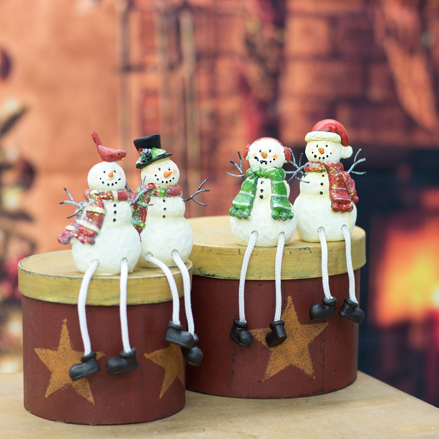 Glitter Striped Snowman 4 x 3 Resin Stone Christmas Shelf Sitter Figurines Set of 4