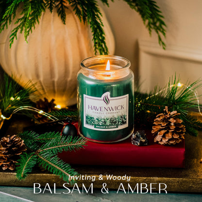 Havenwick Balsam & Amber Soy Blend 22-oz Large Jar Candle, Long Lasting 110-130 Hour Burn Time with Single Cotton Wick, Perfect Holiday Pine Scented Candles for New Home Gift & Christmas Gift