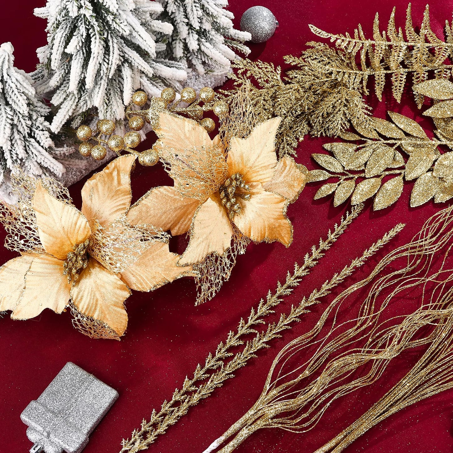 60 Pcs Christmas Tree Decorations Champagne Christmas Picks and Sprays 9 Style Xmas Ornaments of Glitter Poinsettia Flowers Artificial Branches Fern Berry Stems for Vase Fillers Wreath Holiday Party