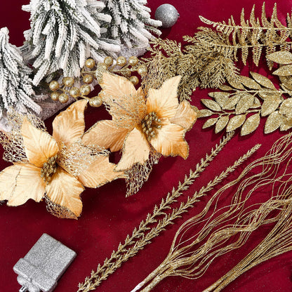 60 Pcs Christmas Tree Decorations Champagne Christmas Picks and Sprays 9 Style Xmas Ornaments of Glitter Poinsettia Flowers Artificial Branches Fern Berry Stems for Vase Fillers Wreath Holiday Party