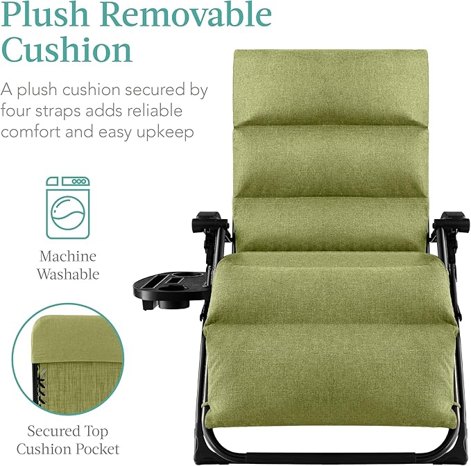 Best Choice Products Oversized Zero Gravity Chair, Folding Outdoor Patio Recliner, XL Anti Gravity Lounger w/Removable Cushion, Cup Holder, Side Tray, 350lb Capacity - Lime Green