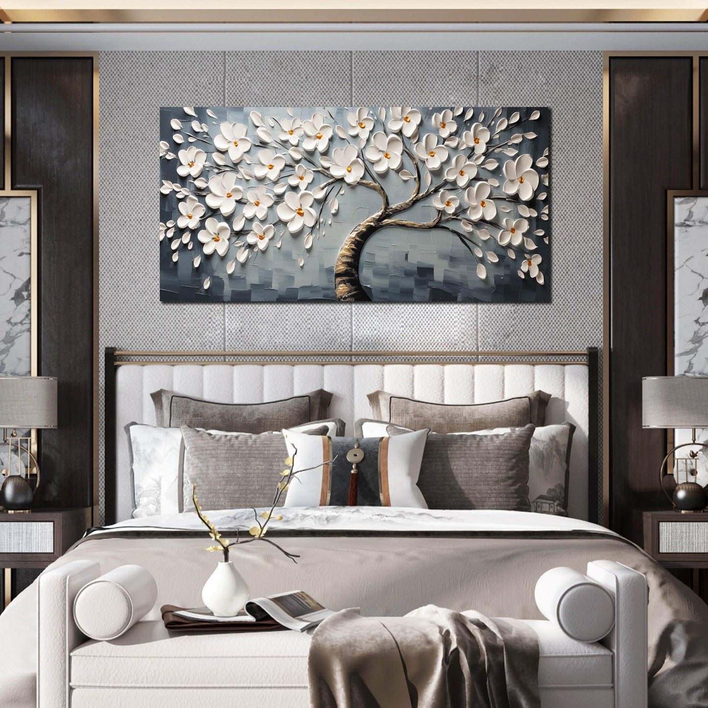Canvas Wall Art for Living Room White Flowers Tree of Life Picture Print Paintings Large Framed Bedroom Wall Decor Artwork Modern Gallery Plant Wall Decorations Size 24x48 inch Ready to Hang