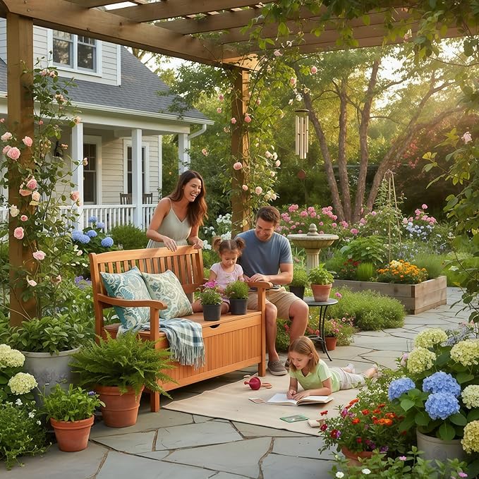 Tangkula Outdoor Wood Storage Bench Deck Box, Entryway Porch Storage Bench with Inner Removable Dust-Proof Lining & Portable Handles, Eucalyptus Wood Loveseat for Garden, Lawn, Balcony & Yard
