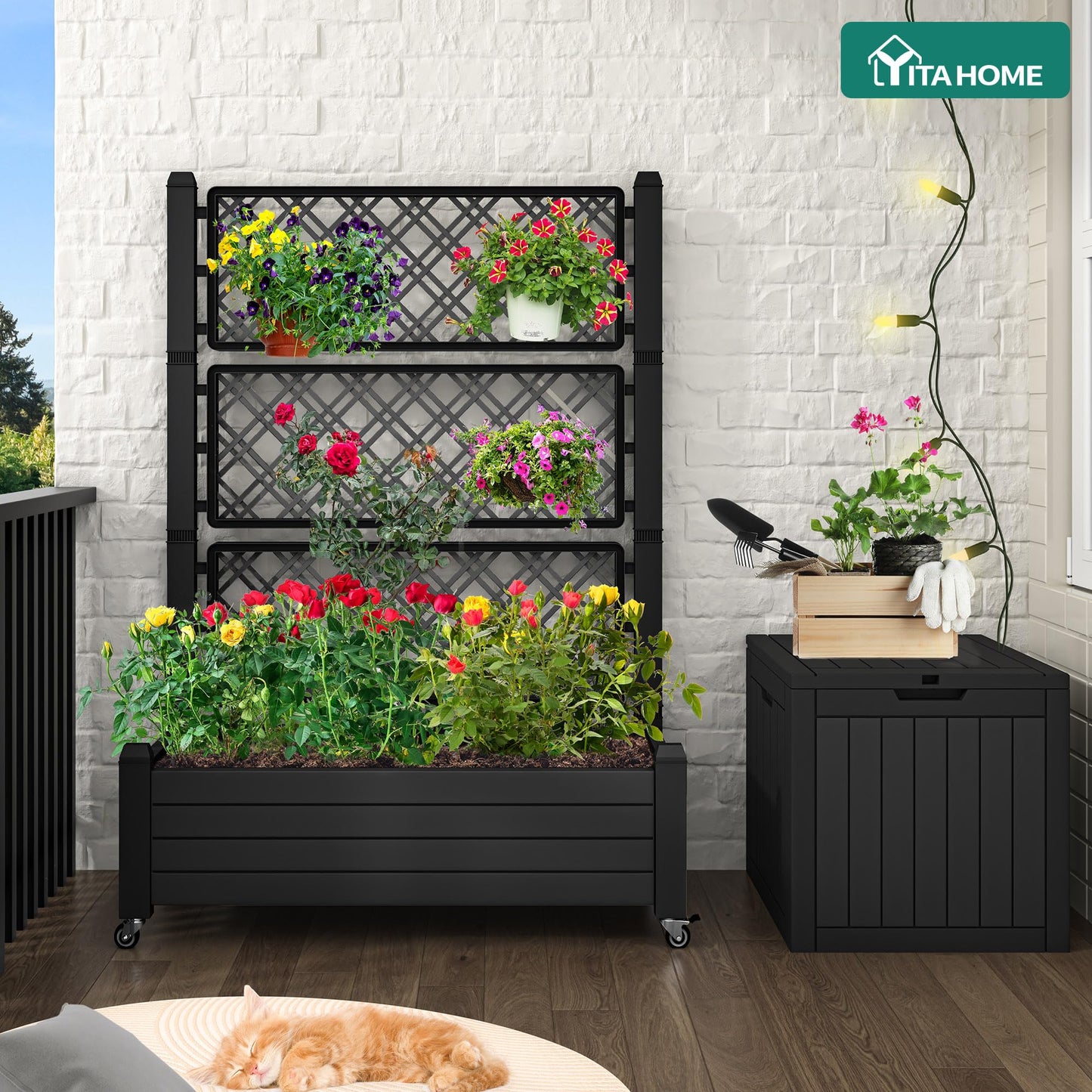 YITAHOME 43.3x17.7x61 in Planter Boxes Outdoor with Trellis 2pcs Resin Raised Garden Bed with Wheels & Drain Plug for Climbing Plants, Weather-Resistant Outdoor Privacy Screen, Black