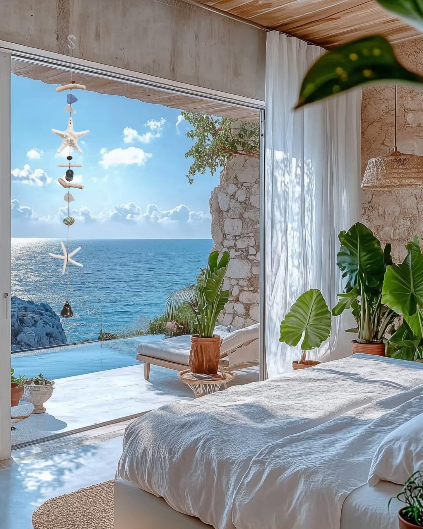 Driftwood Sea Star Wind Chime Beach Seashell Hanging Wall Decor, Coastal Nautical Window Hanging Ornament with Sea Glass & Metal Bell, Boho Ocean Themed Mobile for Home Bedroom Window Porch