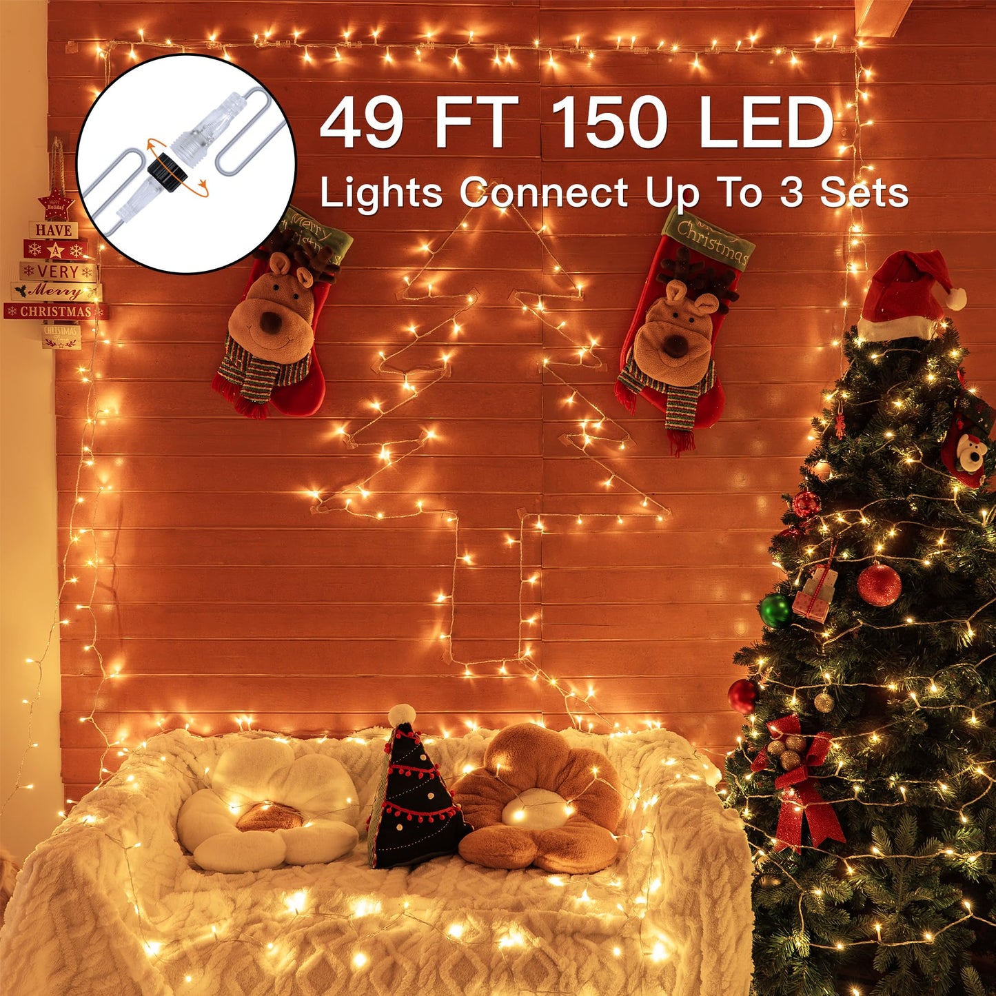Ccinny 49FT 150 LED Christmas Lights Outdoor Waterproof, Timer & Memory Function, 8 Modes Warm White String Lights Plug in Twinkle Lights for Xmas Tree Holiday Garden Indoor Party Decor
