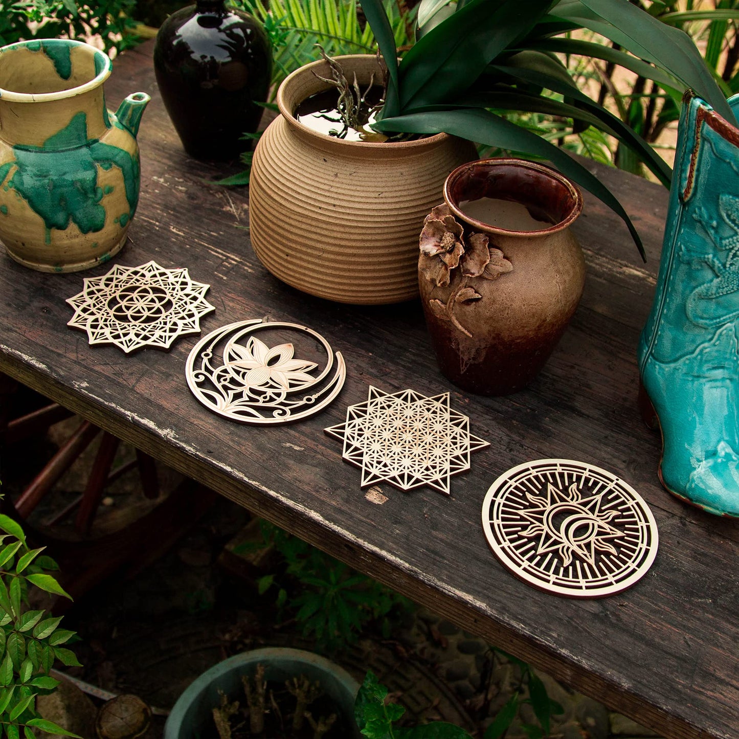 Qallicon 5.31" Sacred Geometry Wall Art 4 PCS Set, (Mandala, Buddha Lotus, 64 Star Tetrahedron, Sun Moon and Stars) Crystal Grid Meditation Chakra Wooden Wall Art Yoga Decor Spiritual Gifts