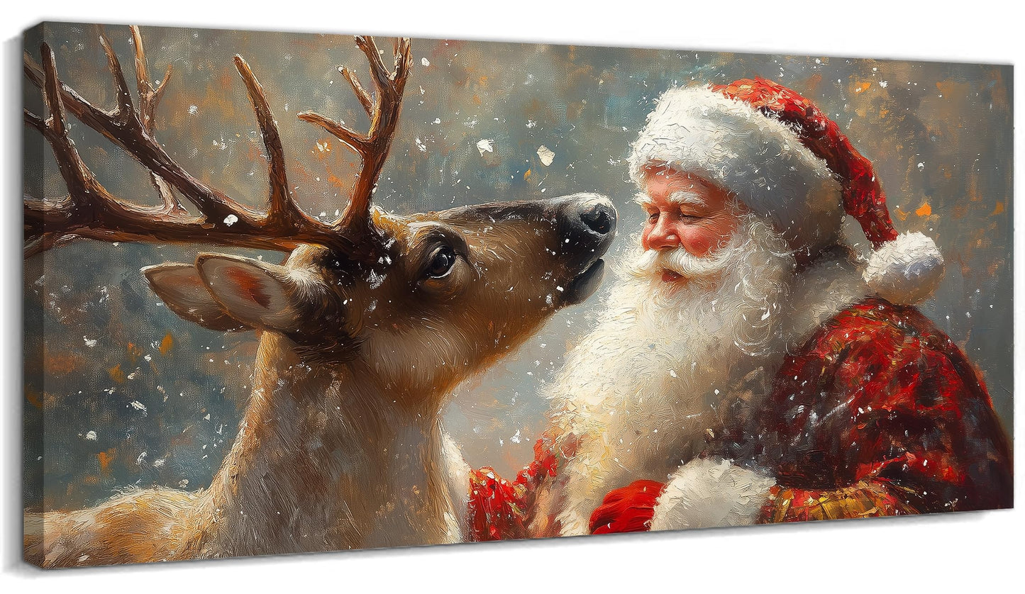 GUTTATY Christmas Canvas Wall Art, Santa and Reindeer Winter Scene, Holiday Canvas Wall Decor, Festive Snowy Wall Paintings, Christmas Poster Print for Living Room, Office, Indoor Party, 32x16 Inch