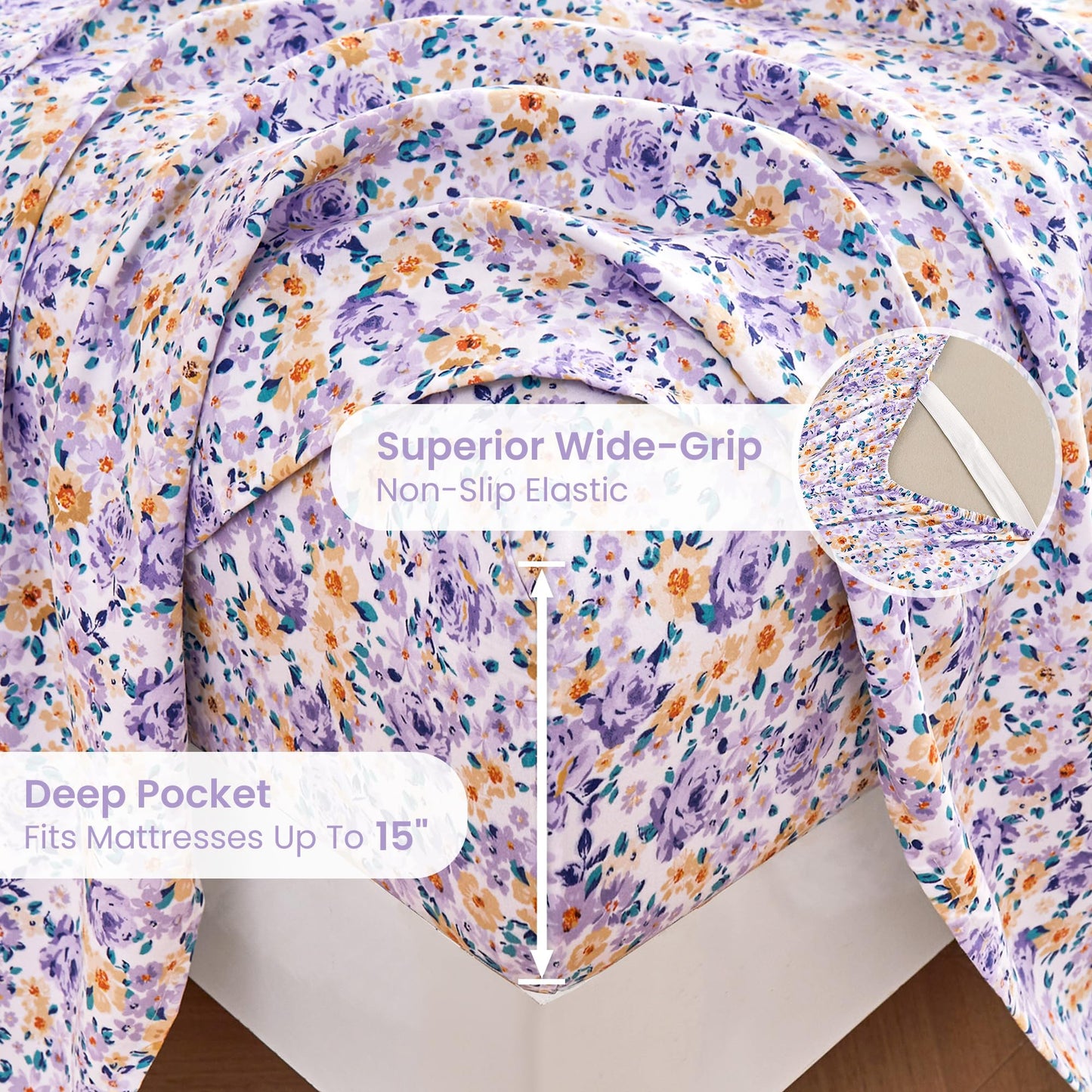 Mooreeke Floral Queen Bed Sheets, Soft Microfiber Printed Bedding Sheets & Pillowcases, Deep Pocket Non-Slip Vintage Queen Sheet, Purple Yellow Flower Pattern Bedsheets