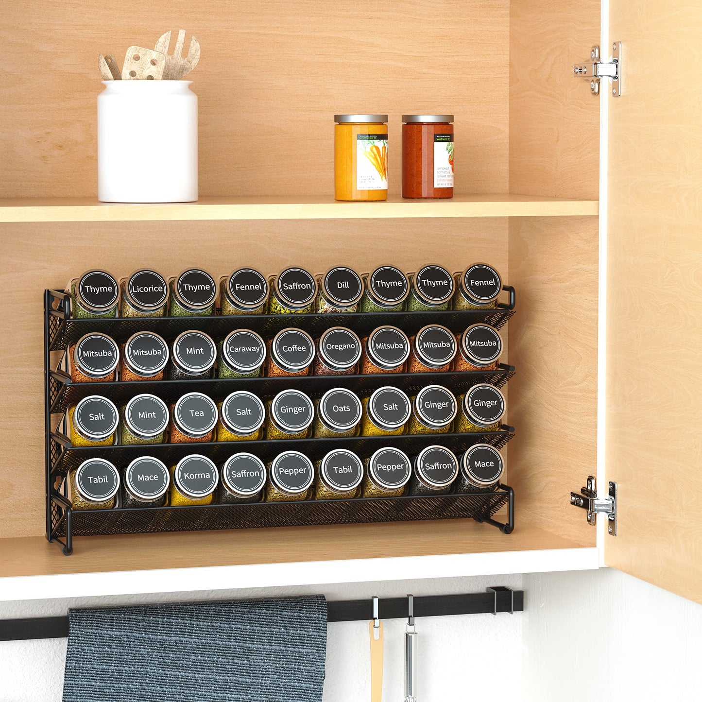 SpaceAid Spice Rack Organizer with 28 Spice Jars, 386 Spice Labels, Chalk Marker and Funnel Set for Cabinet, Countertop, Pantry, Cupboard or Door & Wall Mount - 28 Jars, 13.4" W × 10.8" H, Black