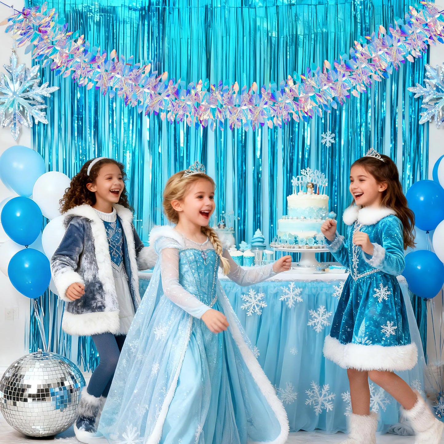 BTSD-home 2 Pack Iridescent Party Decoration Hanging Tinsel Garland Shiny Metallic Foil Reusable Fold-Flat Frozen Themed Party Supplies for Classrooms Bedrooms Pools Windows and Christmas Trees