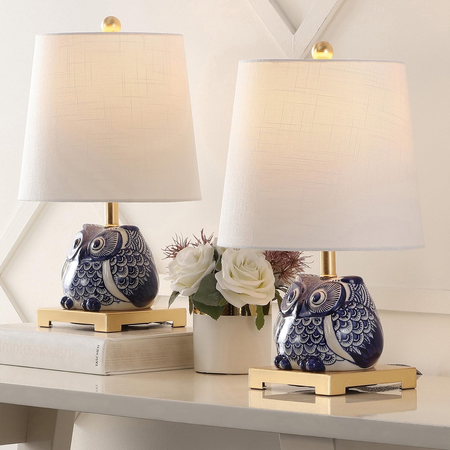 JONATHAN Y 16" Blue/White Ceramic Owl Mini Table Lamp for Bedroom or Office, Modern Farmhouse Nightstand Lamp with White Linen Shade, LED Bulb Included (JYL3014A-SET2)