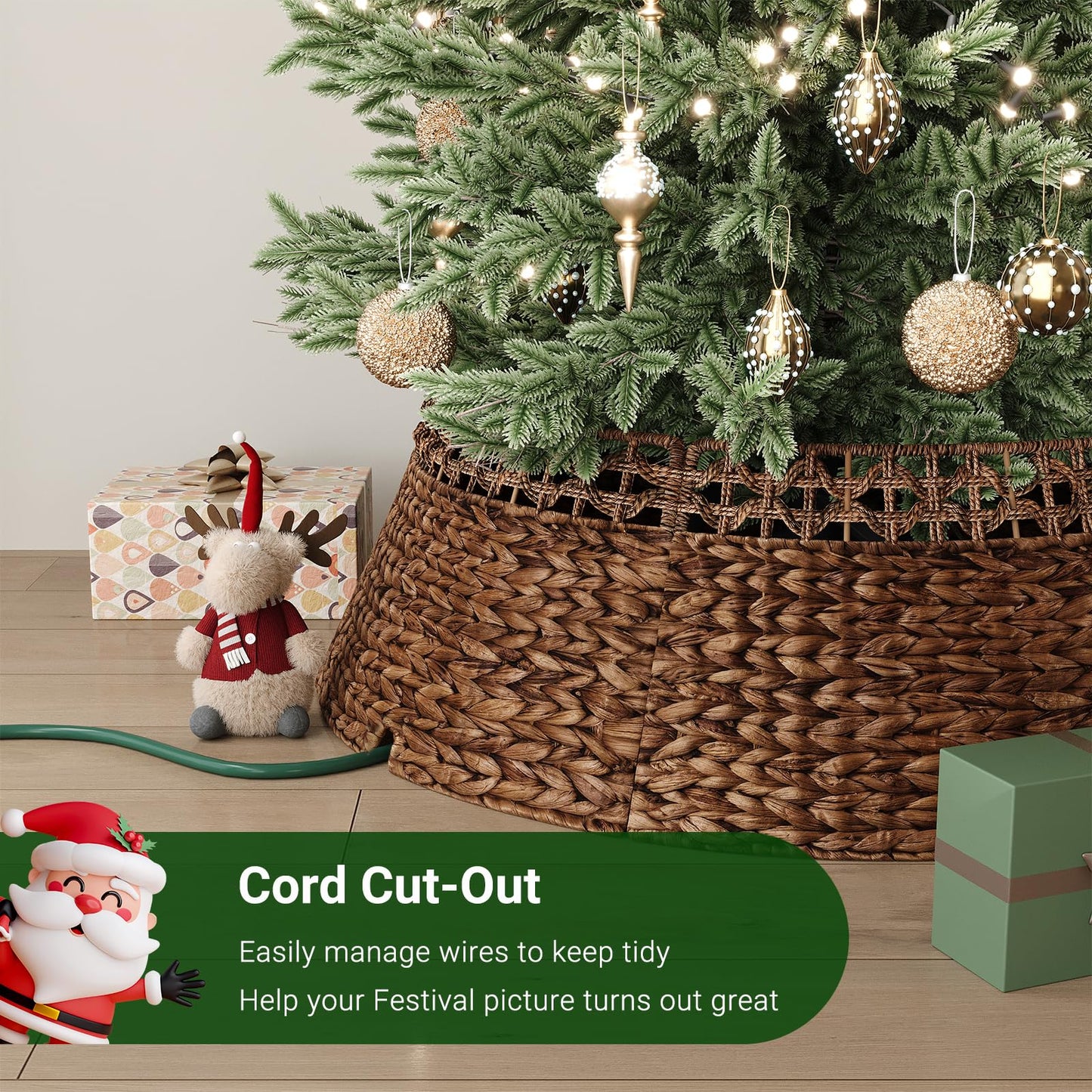 ELYKEN 33 Inch Woven Rattan Christmas Tree Collar, Stylish Seagrass & Water Hyacinth Xmas Tree Skirt for Artificial Trees, Wicker Tree Base Cover with Cord Cut-Out Farmhouse Tree Ring for Home Decor