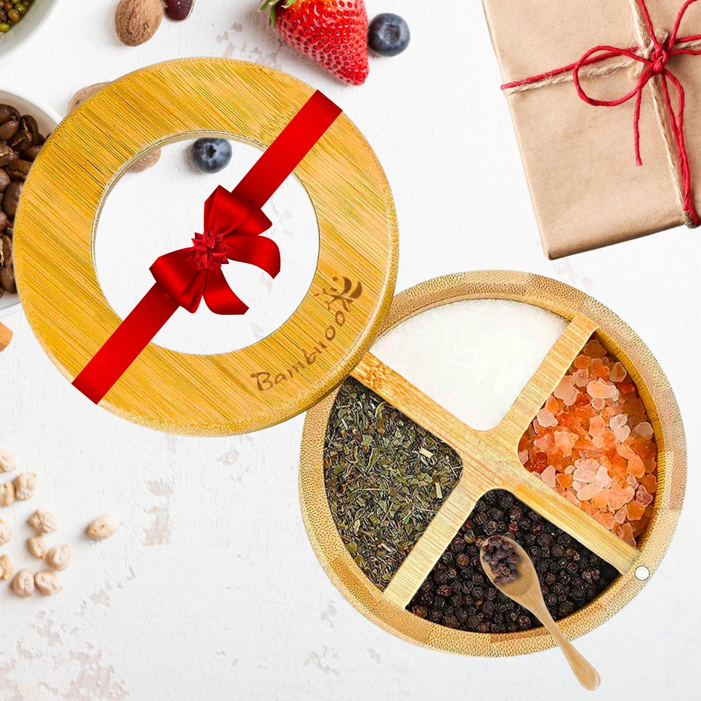 Bambuood Premium 4 Compartments Salt & Spice Cellar with Spoon - Swivel Magnetic Lid for Convenient Seasoning Access - 100% Natural Bamboo - Elegant and Eco-Friendly Kitchen Accessory.