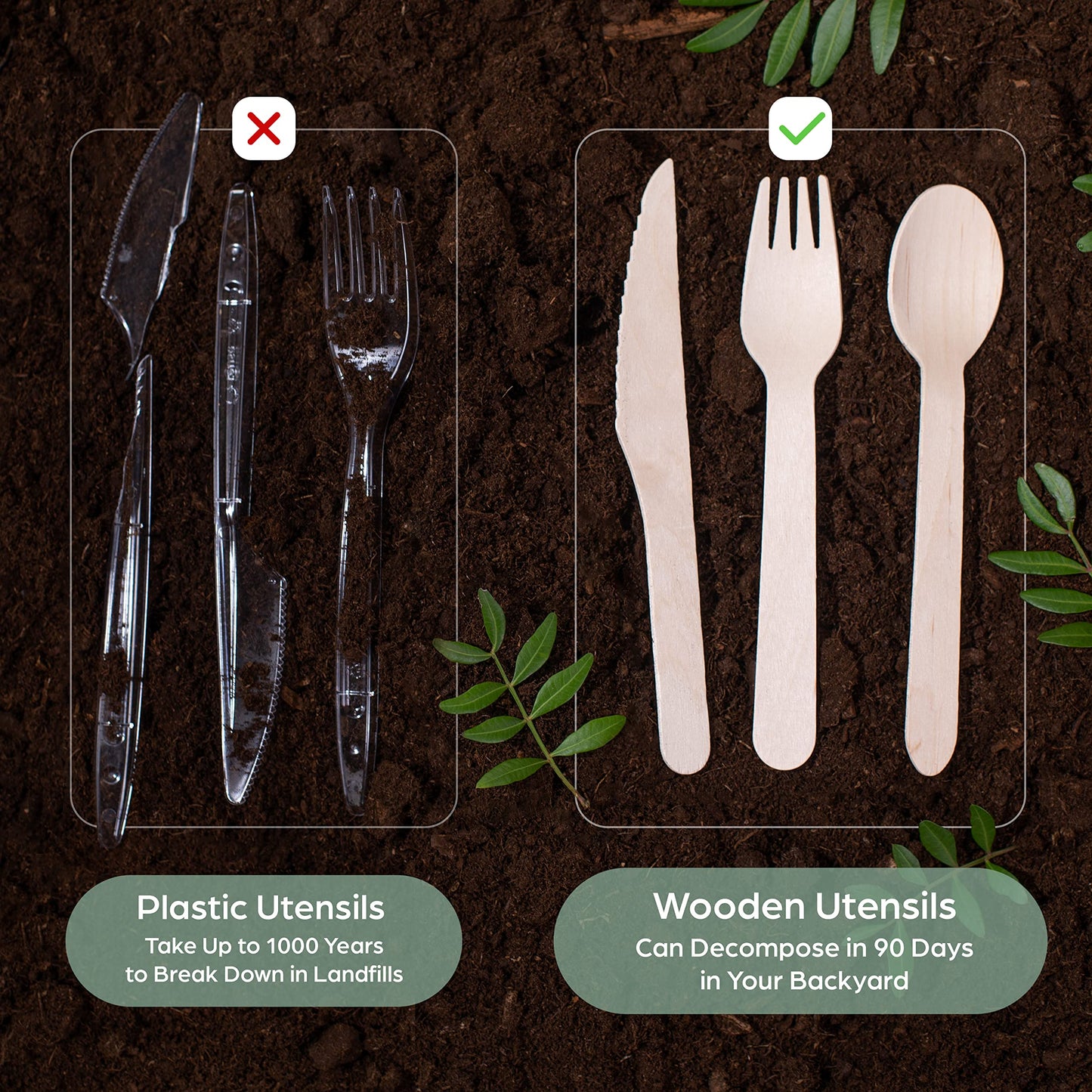 PURPLECLAY Wooden Disposable Utensils Set, 300 Pieces | Wrapped Utensils and Napkins, 100 Sets | Compostable Silverware for Parties | Eco Friendly, Plastic-Free Alternative to Bamboo Cutlery