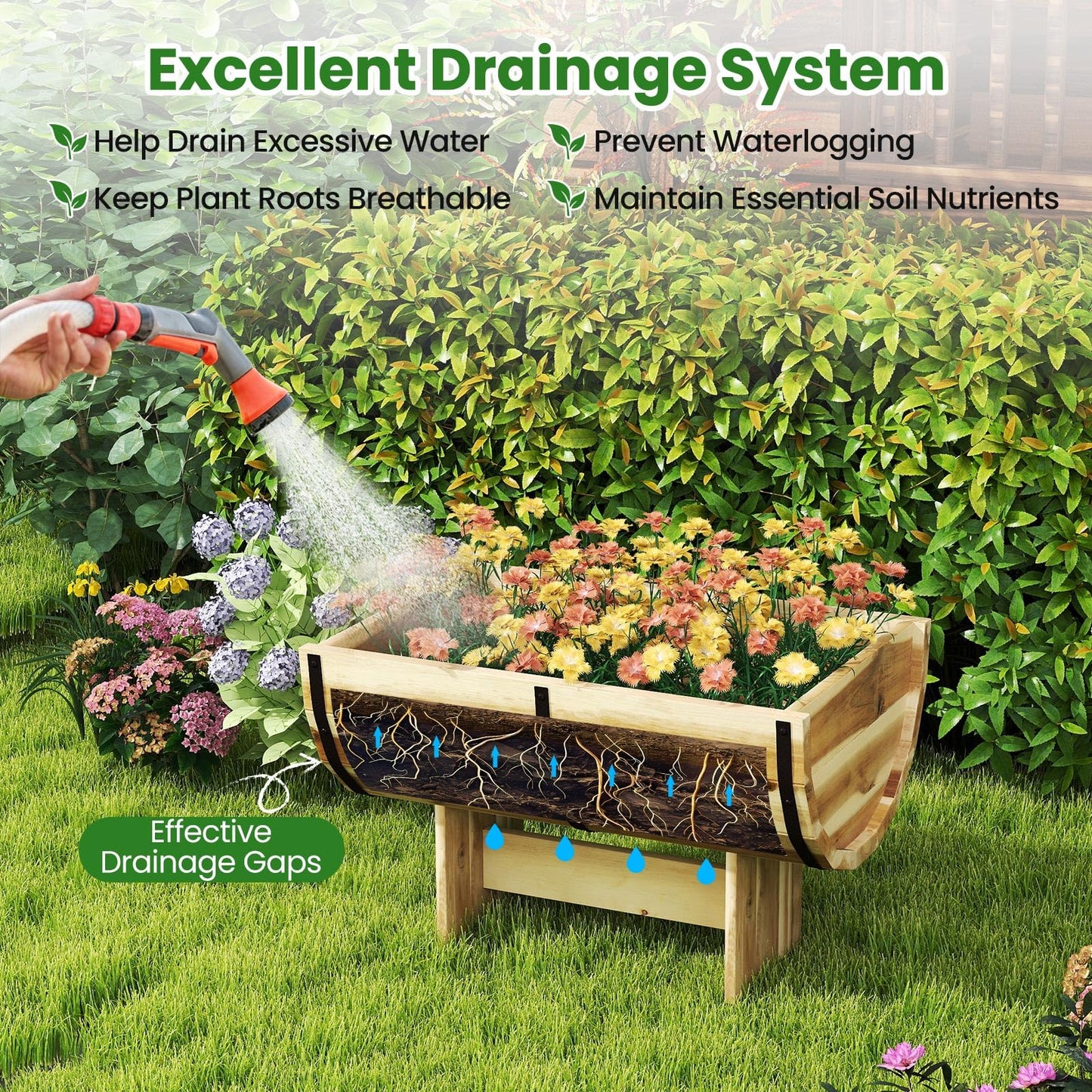 Giantex Half Barrel Raised Garden Bed, Acacia Wood Planter Box for Flower Vegetable Fruit, Outdoor Indoor Plant Pot with Legs for Garden Decoration,18"x12"x11.5"