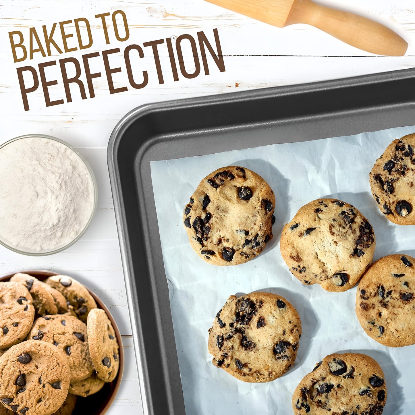 Nonstick Cookie Sheet Baking Pan - 2-Pc. Professional Quality Kitchen Cooking Non-Stick Bake Trays with Gray Coating Inside & Outside, Dishwasher Safe