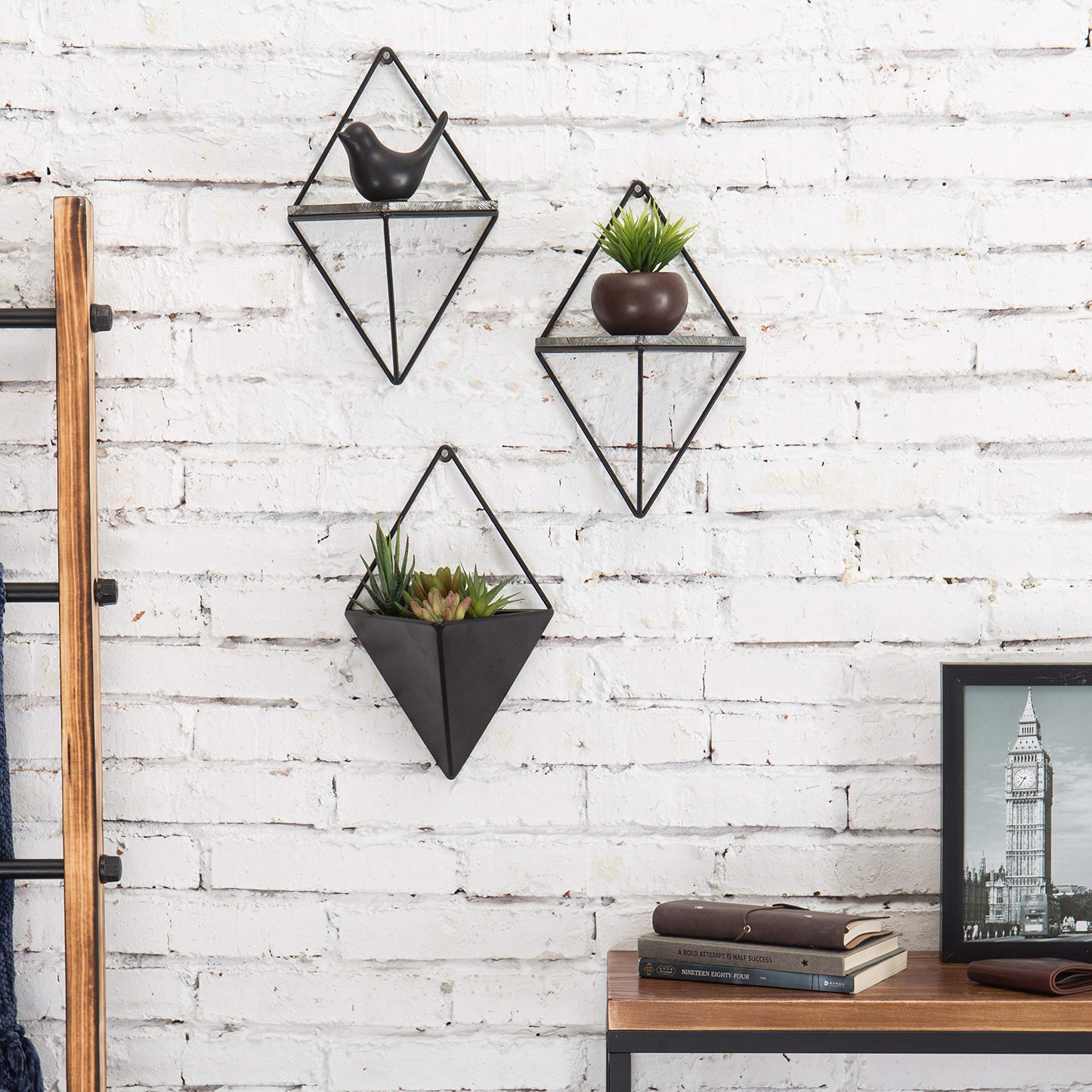 MyGift Indoor Wall Planter and Wooden Wall Display Shelves with Black Metal Frames Metal, 3-Piece Set