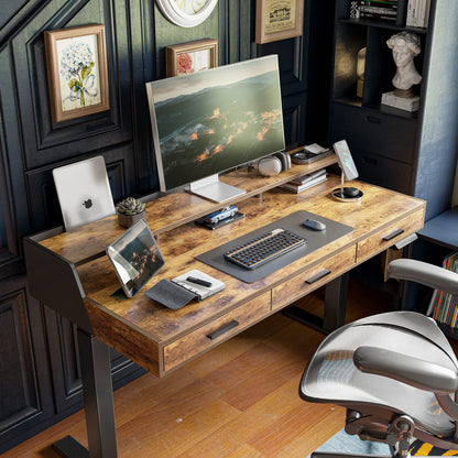 CubiCubi Standing Desk 55x26 Inches with 3 Wood Drawers and Monitor Shelf, Ergonomic Rising Home Office Desks, Height Adjustable Computer Desk, Sit Stand Up Electric Workstation Table, Antique Brown