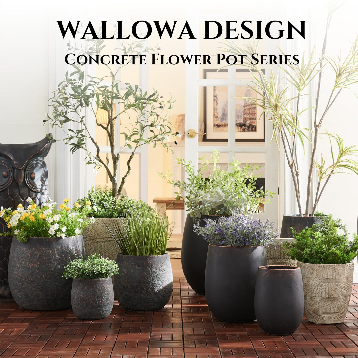 Wallowa 20" H Weathered Concrete Tall Planter, Black Large Outdoor Indoor Decorative Flower Pot with Drainage Hole, Modern Round Style for Home, Garden, Patio, Courtyard, Bronze Rust with Green Tone