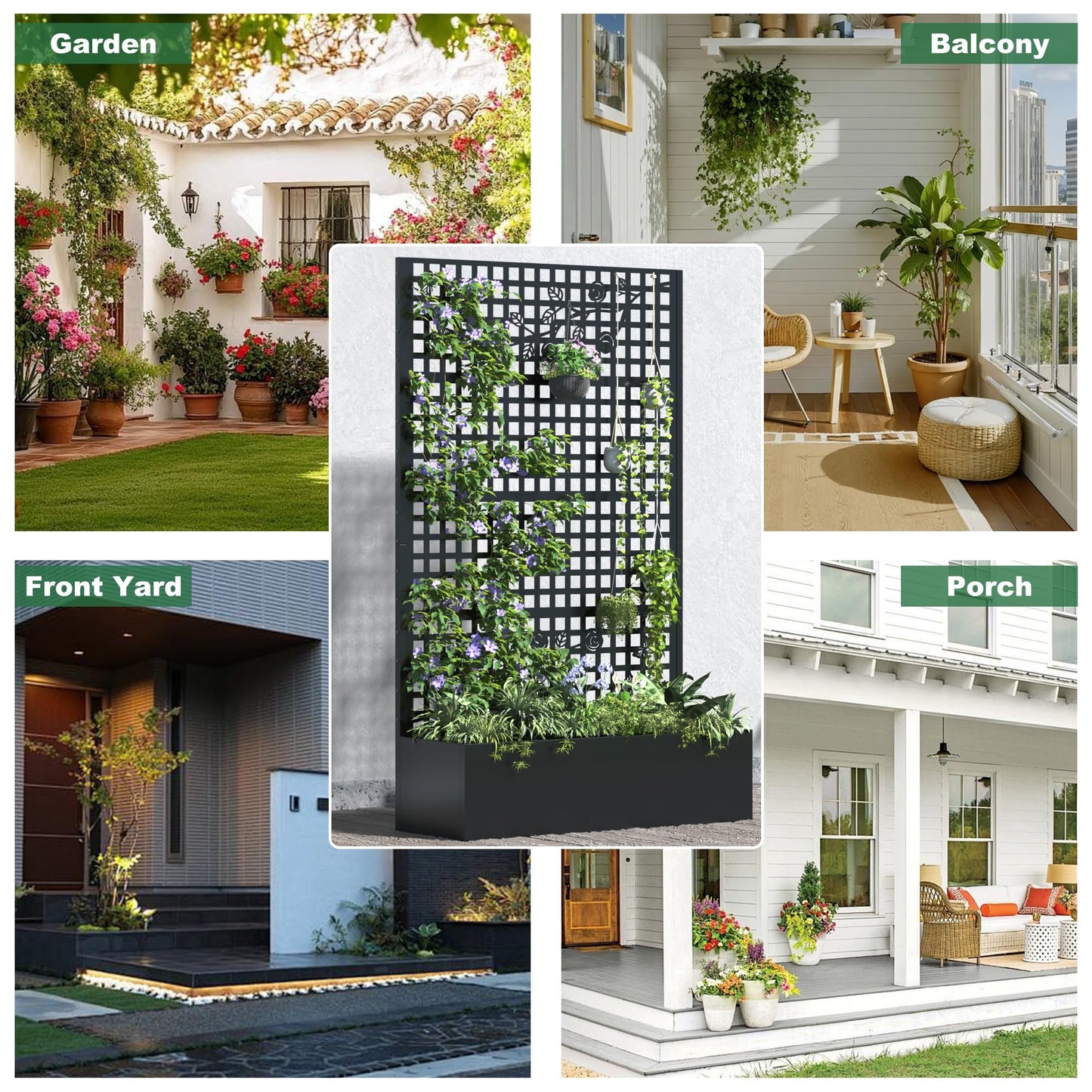 Coumy Metal Raised Planter Box with Trellis & Privacy Screen, 70.9"x 43.3"x 15.8"Free-Standing Garden Bed with Drainage Holes for Climbing Plants, Vegetables and Vines